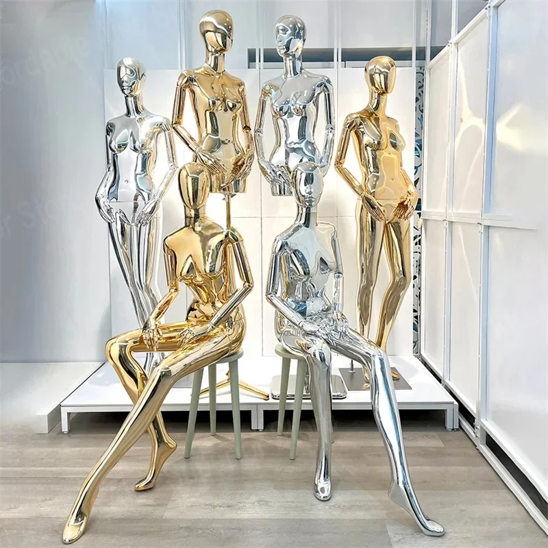 Full Body Electroplating Female Mannequin Props for Women Clothing Store Window Display Stand Half Body Sitting Posture Model