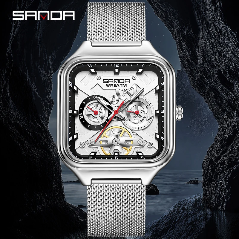 SANDA Luxus-Herren-Mode-Quarzuhr, multifunktional, leuchtender Zeiger, Kalender, Mesh-Gürtel, Outdoor-Sport, Business-Herren-Armbanduhr