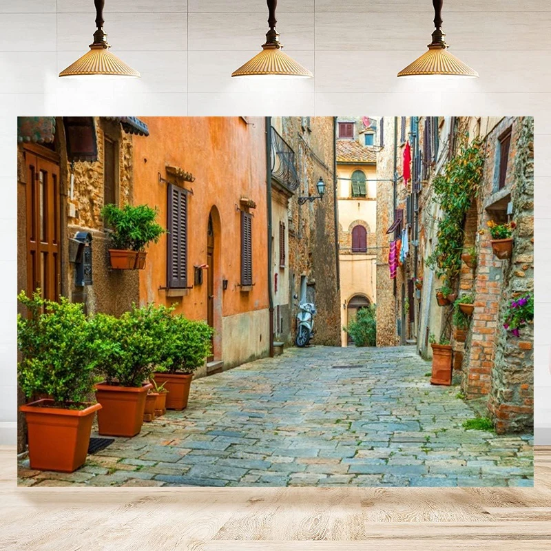 

Italy Alley Photography Backdrop Tuscany Old Town Narrow Street Background European Building Scene Holiday Travel Banner