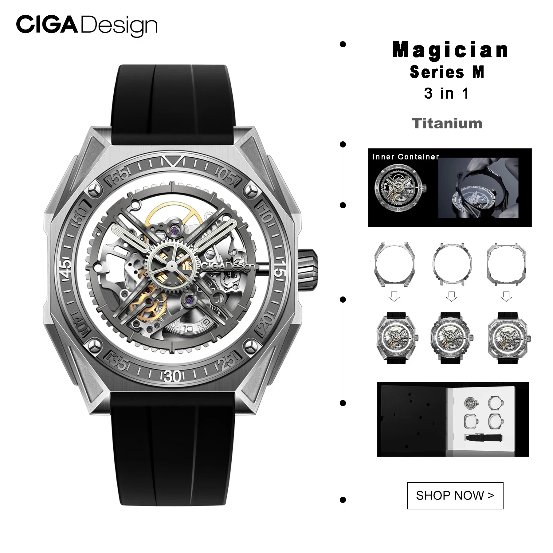 CIGA Design 3 in 1 Titanium Automatic Watch for Men Magician Series Skeleton Mechanical Wristwatch Fluororubber Strap 3 Pcs Case