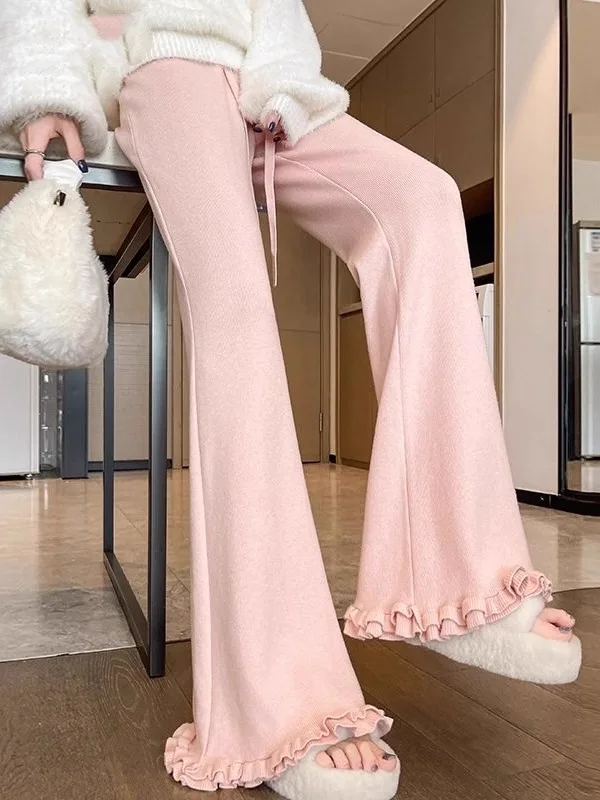 

Pink Lace Trim Knitted Flared Pants Women's High Waist Slim Fit Casual Floor Length Bell Bot Trousers Autumn Winter New Sle