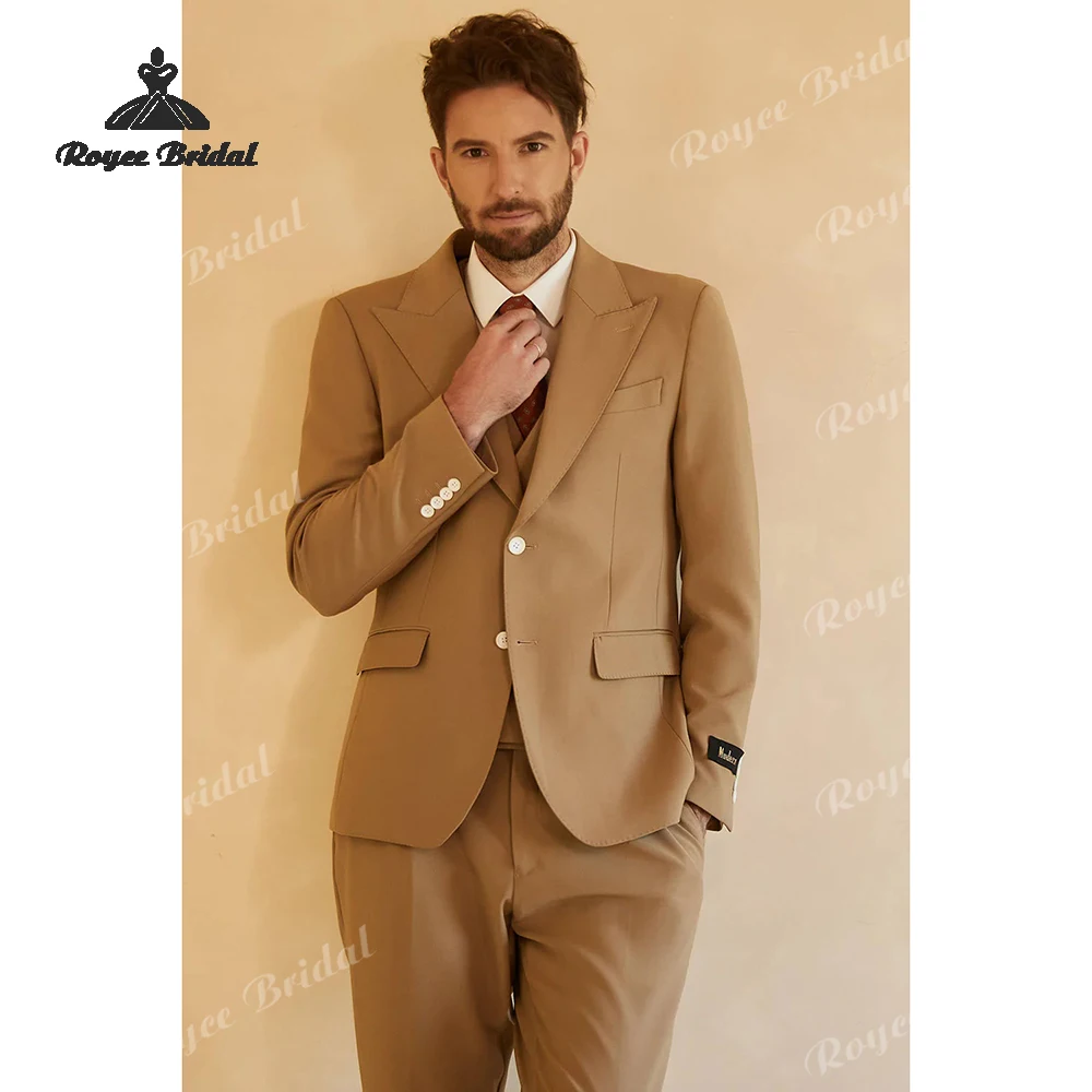 Bruin driedelig heren trouwpak 2026 enkele rij knopen piek revers formele avond pak kostuum homme mariage