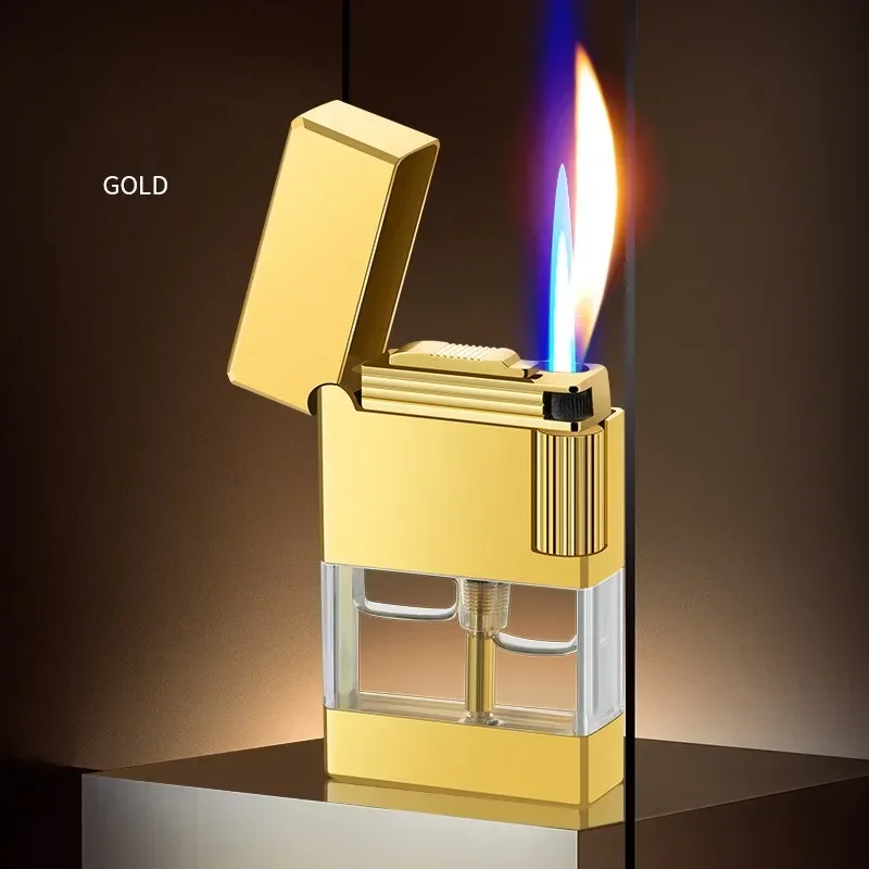 Metal Transparent Oil Window Double Flame Lighter Butane Gas Windproof Personality Convenient Portable Lighter Gift For Men