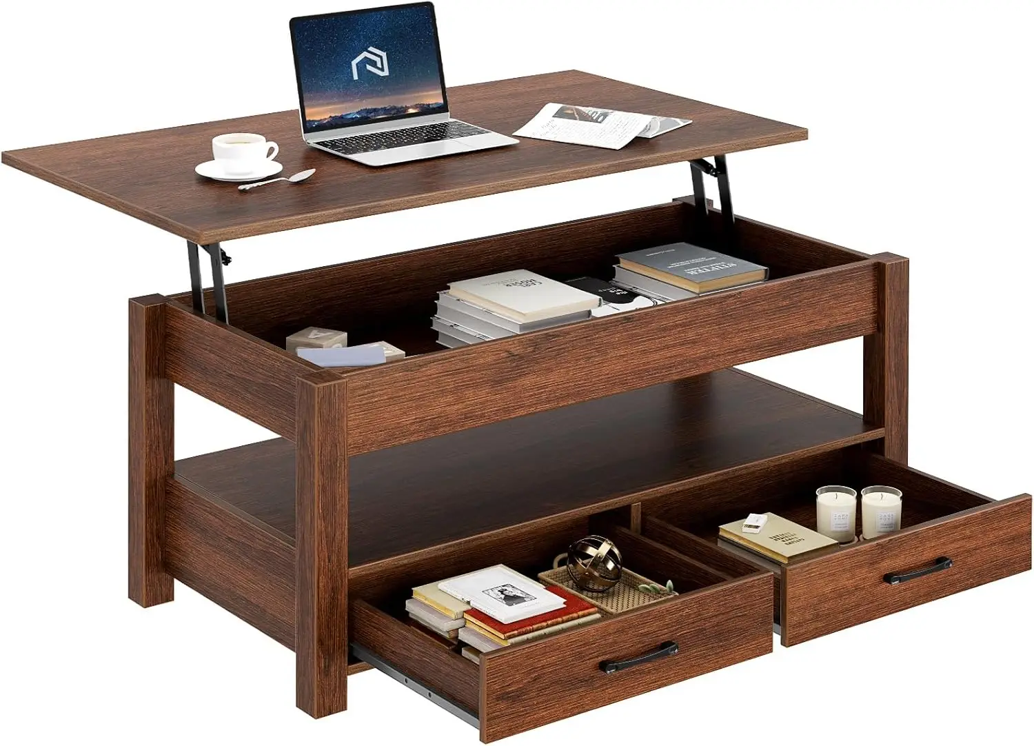 

Coffee Table, Lift Top Coffee Table with Drawers and Hidden Compartment, Retro Central Table with Wooden Lift Tabletop