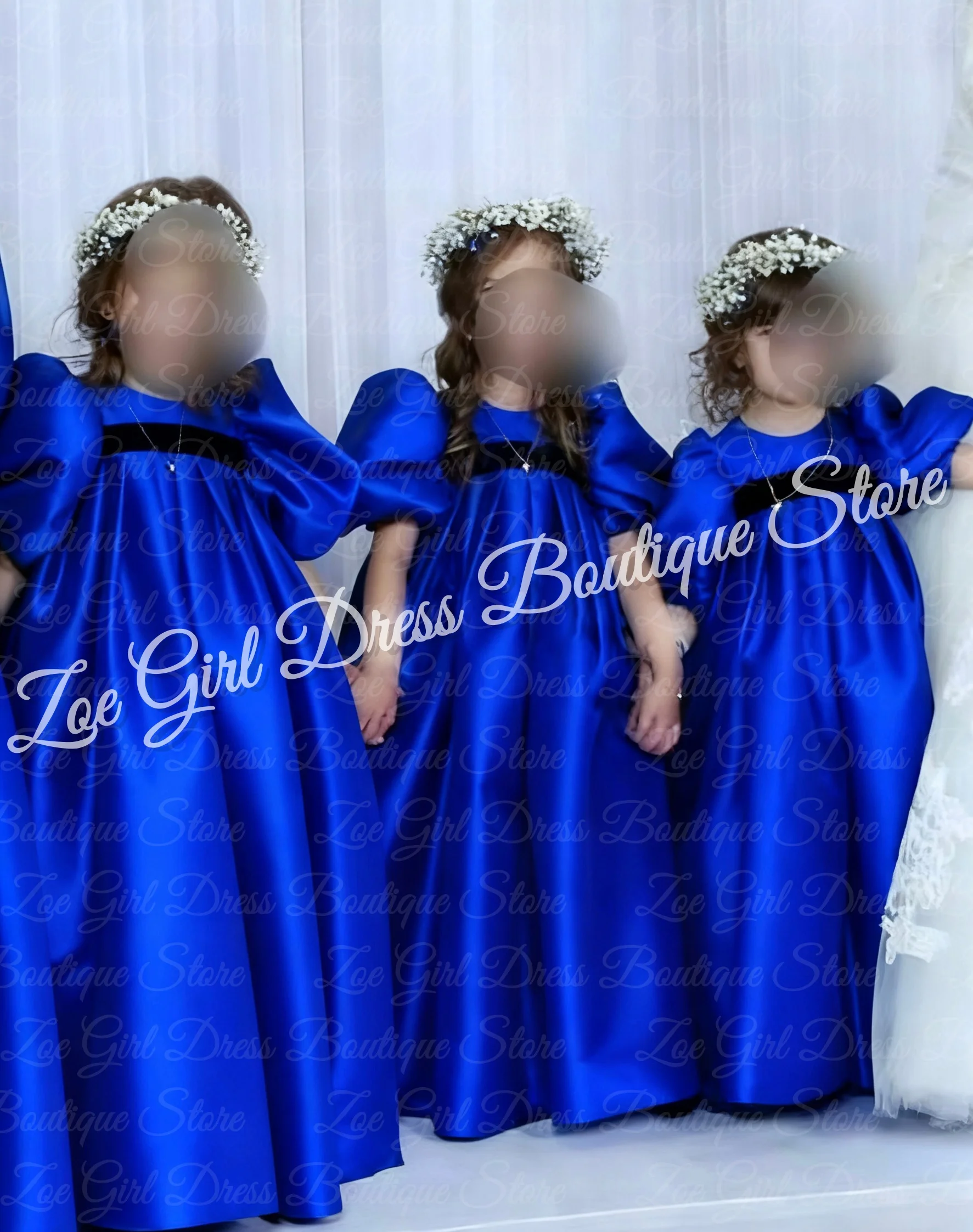 فستان فتاة الزهور البيضاء لحفلات الزفاف برقبة دائرية من الساتان للأطفال بخصر عالٍ وأكمام بالونية فستان عيد الميلاد مخصص للحفلات