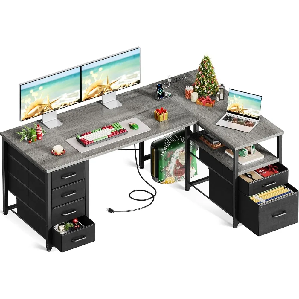 L Shaped Computer Desk with 6 Drawers & Power Outlet, 55 Inch Corner Desk with Reversible Storage Shelf&File Drawer, Home Office