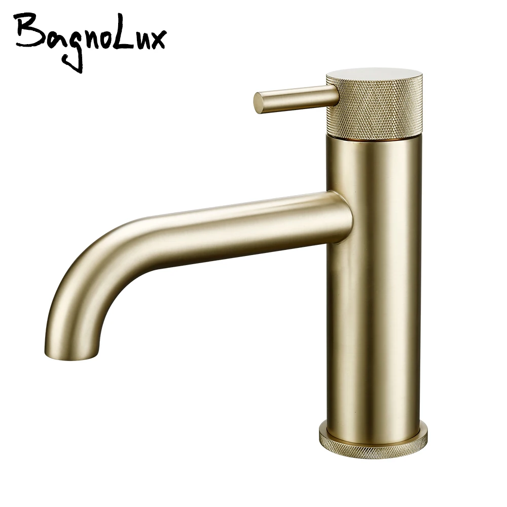 

Brushed Gold Basin Faucet Hot And Cold Sink Mixer Deck Mounted Brass Bathroom Tap Knurled Single Handle Single Hole