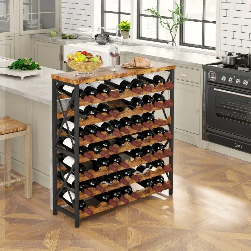 56-Bottle Freestanding Wine Rack, Wooden Wine Rack Storage Shelf, Stackable Wine Bottle Rack with Tabletop for Living Room,