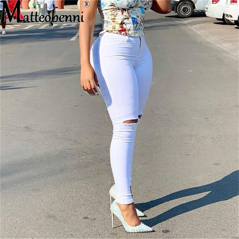 Women\'s Denim Pants Casual Solid Color High Stretch Ripped Skinny Thin Jeans Fashion Sexy Lift Hips Slim High Waist Pencil Pants