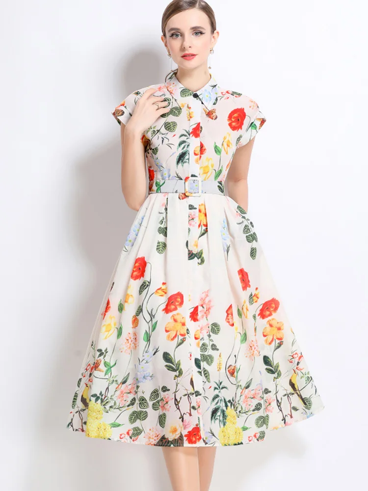 รันเวย์ Designer ดอกไม้พิมพ์เสื้อแขนสั้นชุดผู้หญิงฤดูร้อนแฟชั่นเดี่ยวลําลองเข็มขัด Party Dresses หญิง