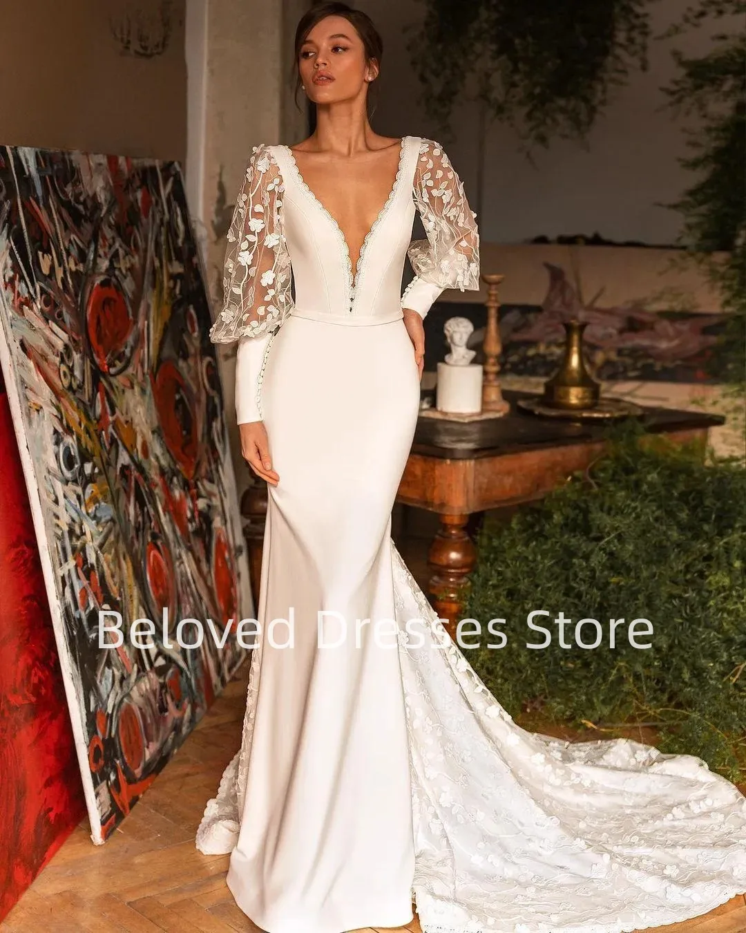 Sexy off white sticker lace long sleeved dance dress  Arab sexy deep V evening dress fashion women's party dress long robe bride