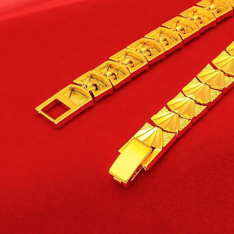 XT Fashion 24K Real Gold Color Bracelet 8mm Wide For Women Men\'s Elegant Gold Plated Chain Bracelets Jewelry Gifts 18.5cm