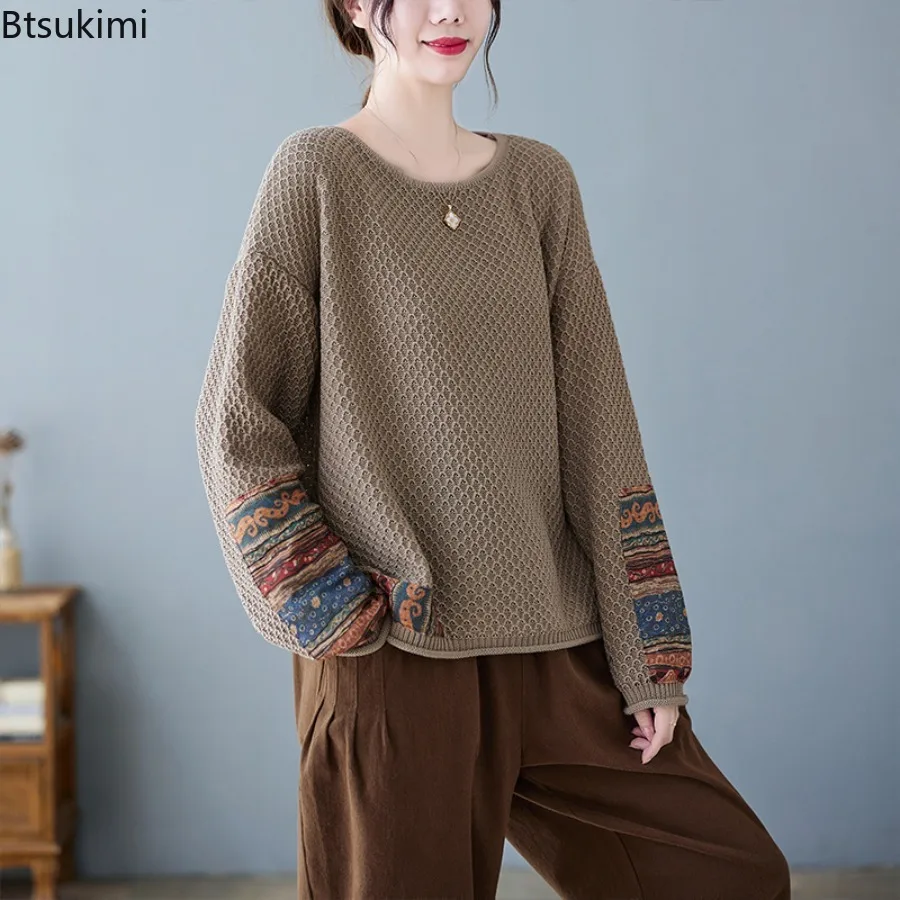 New Vintage Patchwork Sweater for Women Spring Autumn Fashion O-neck Loose Casual Knitted Pullover Females Elegant Knitwear Tops