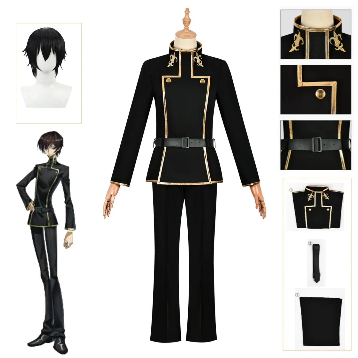 

Halloween CODE GEASS Lelouch of the Rebellion Anime Lelouch Lamperouge Cosplay Costume Black Wig Jacket Pants Belt Christmas Cos