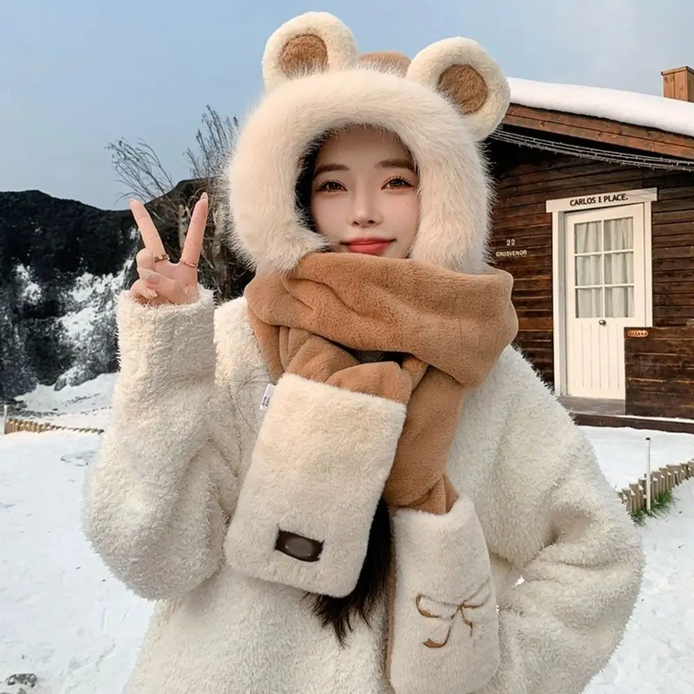 Fashion Cute Bear Ears Hat Embroidery Bow Cartoon Scarf Hat Glove for Women Earmuff Ear Protection Furry Scarf Cap Set Riding