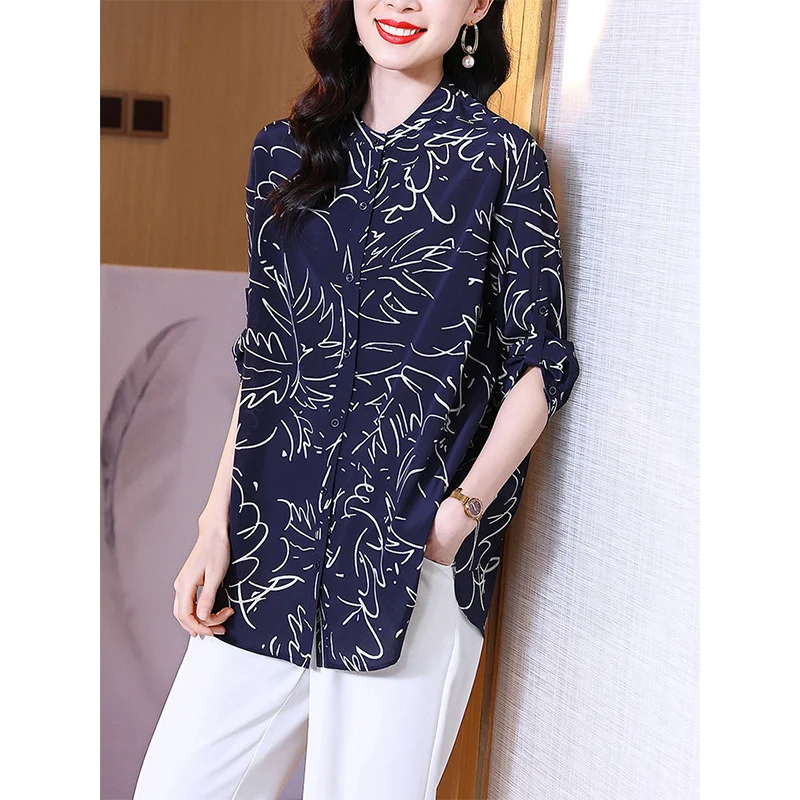 Summer Fashion Oversized Polo-neck Printing Long Shirt Female 3/4 Sleeve Vintage Loose Casual Buttons Top Women Elegant Blouse