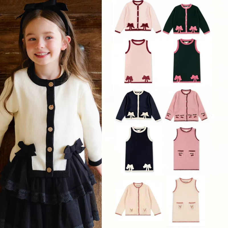 Spot Girls Sweater Dress Set 2026 Winter New Printed Fashion Thickened Warm Knit Cardigan Cotton Bow Girls Sleeveless Knit Dress