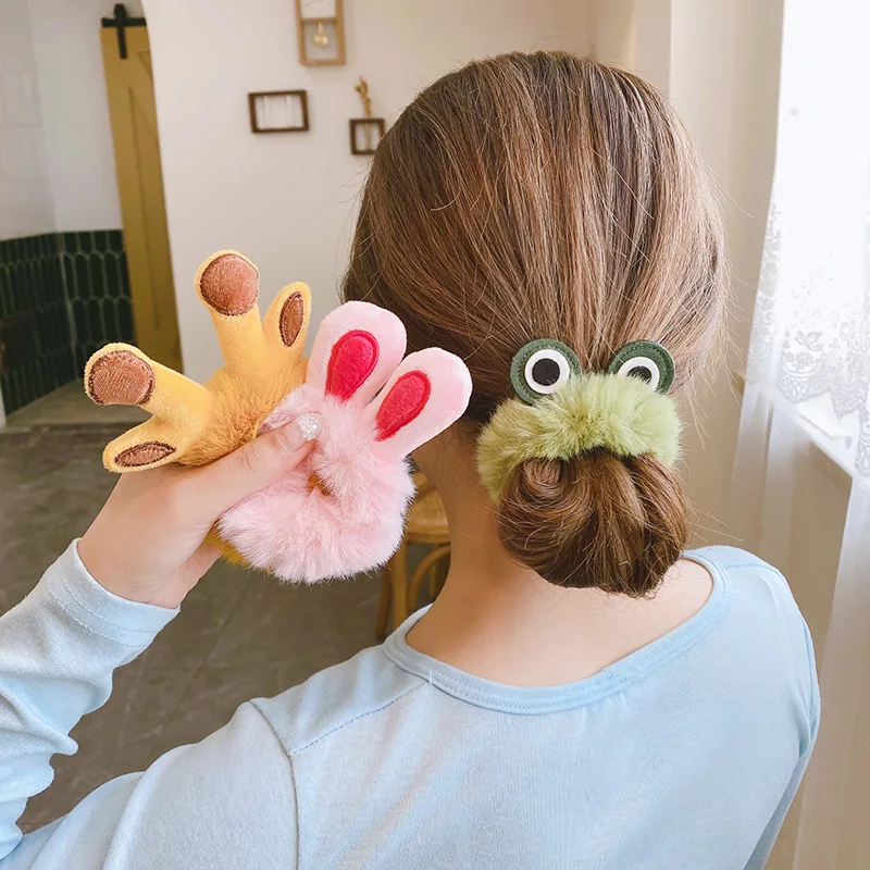 1PCS New Hair Accessories Fake Fur Hair Rope Bear Scrunchies Women Girls Elastic Hair Rubber Bands Gum Kids Cute Ponytail Holder