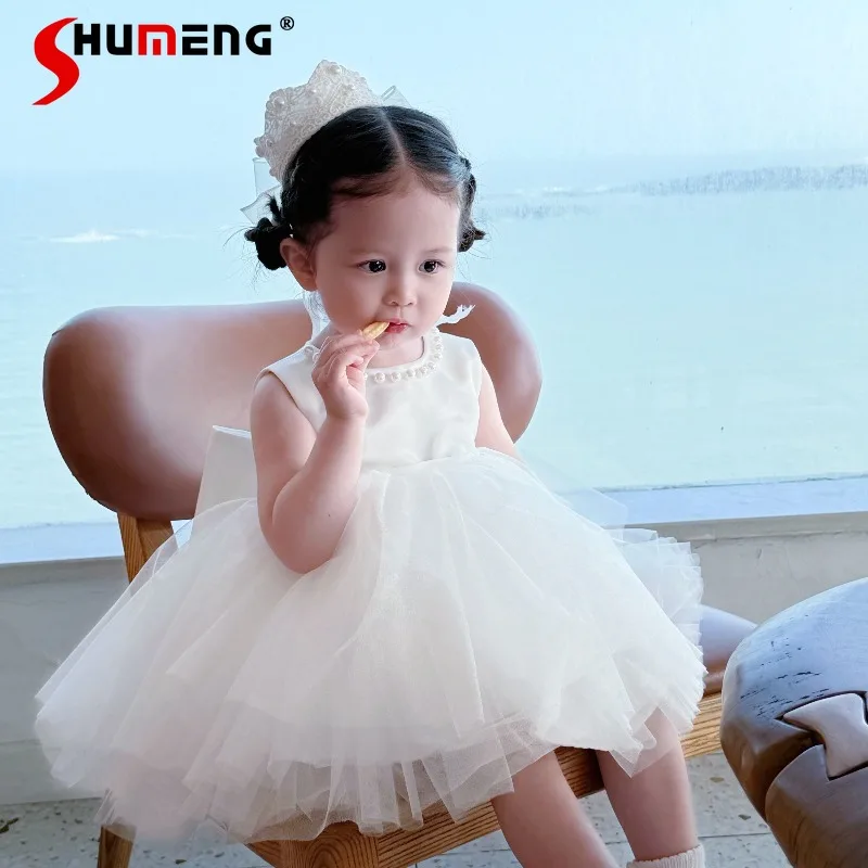 

Платье для девочки в корейском стиле на день рождения, без рукавов, с цветочным узором, короткое, белое, для праздников, в стиле феи