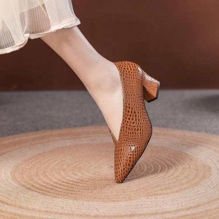 Crocodile Pattern Designer Vintage Evening Shoes Ladies Fashion Pointed Toe V Cut Woman Shoes High Heel Pumps