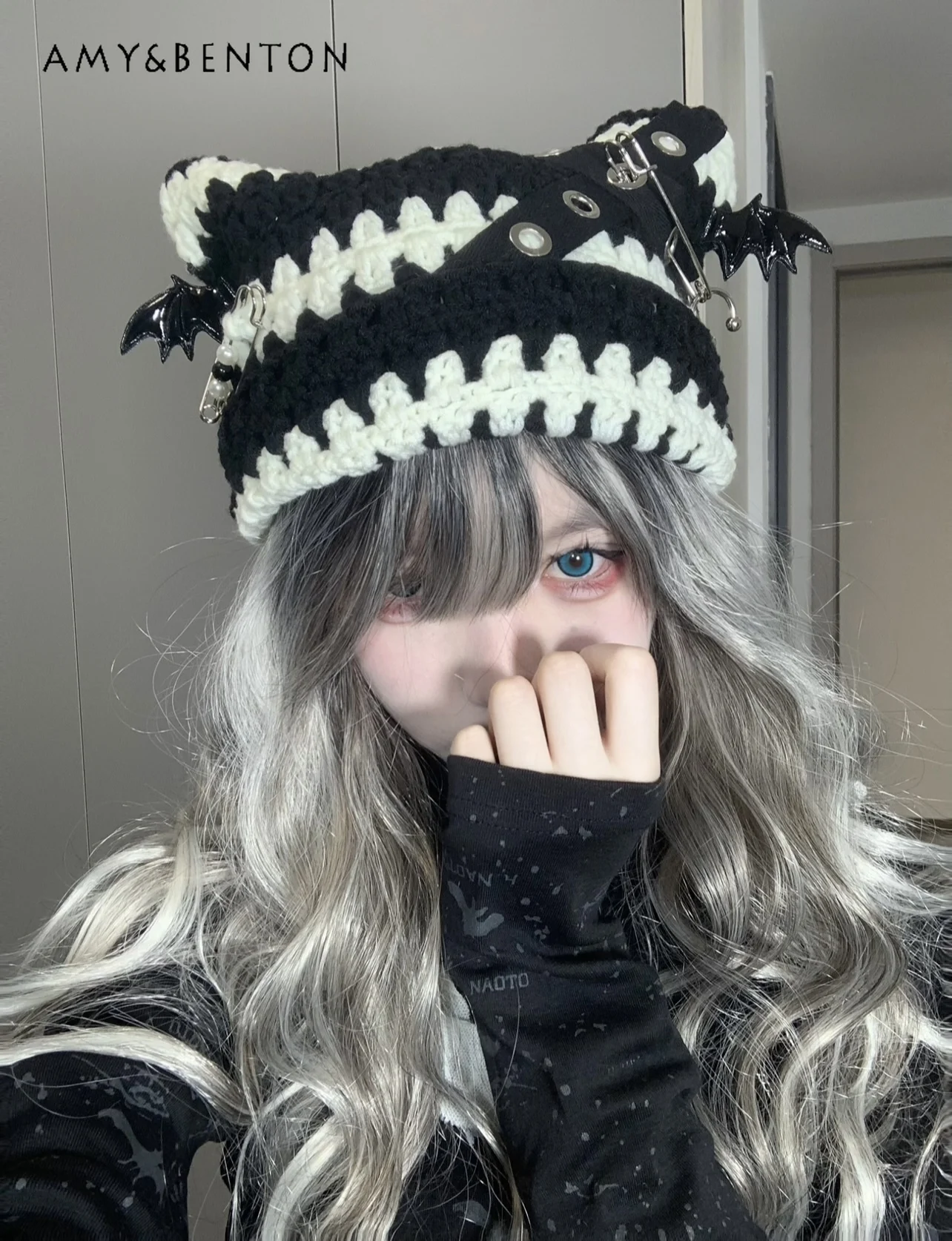 Original Subculture Punk Cat Ear Hats for Women Harajuku Gothic Cross Pin Knitted Wool Hat Japanese Style Street Winter Hats