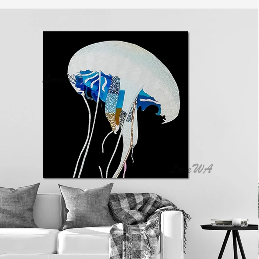 

Modern Textured Wall Art Canvas Roll 3D Abstract Jellyfish ​Hand Painting Frameless Simple Marine Animal Picture Decor Gift