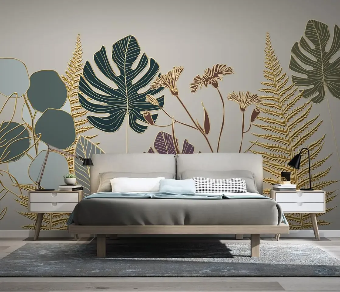 

Custom wallpaper mural Nordic hand-painted tropical plants tropical rainforest leaves indoor background wall decorate wallpaper