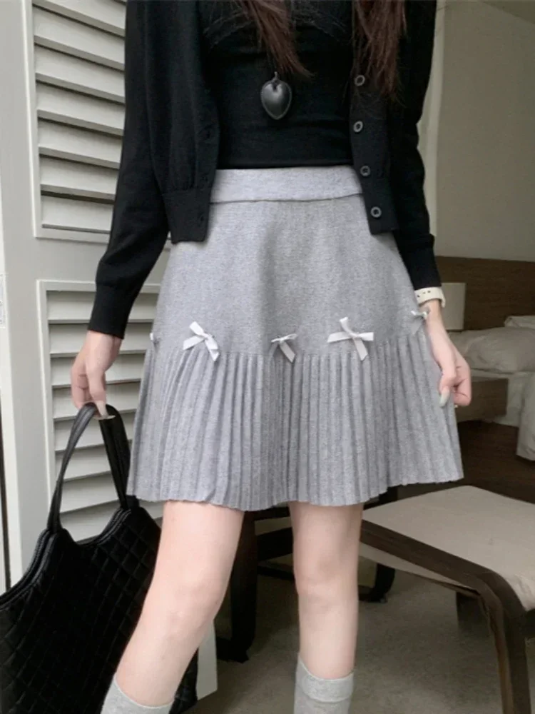 Winter Korean Preppy Style Retro Knitted Skirt Women Fashion Solid Elegant Bow Pleated Skirts New Chic High Waist Clothing 2024