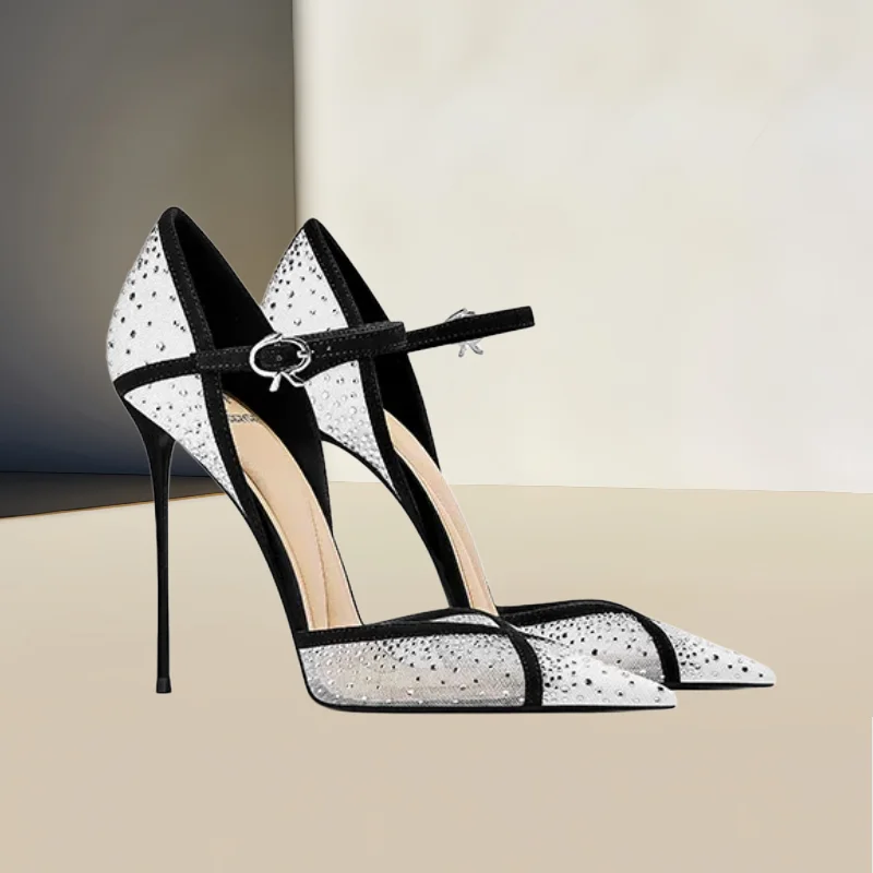 Rhinestones Shoes for Womens Pointed Toes High Heels Ankle Strap Female Sandals Shallow Zapatos De Mujer Crystal Chassure Femme