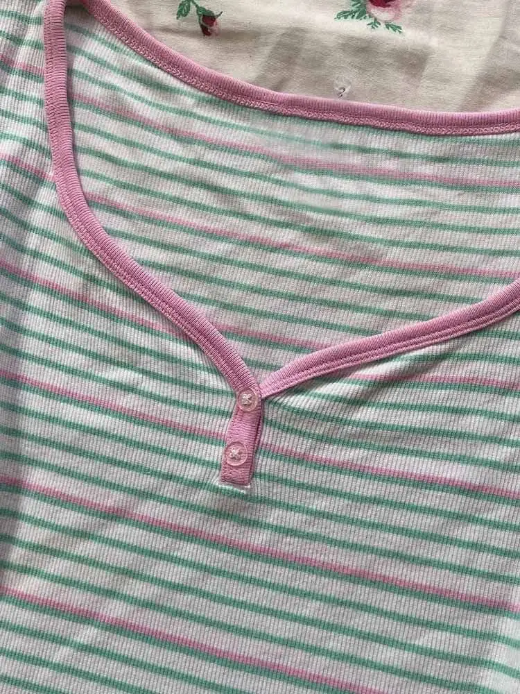 Striped V-neck Button-up Color-blocking Short Sleeve T-shirt Women 2026 Summer Soft Fitted Simple Versatile Slim Top