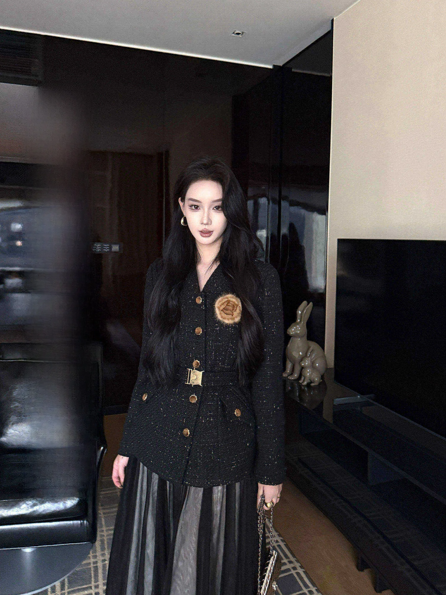 

Winter Outerwear Quilted down Jacket Elegant Style Wool Blend Fabric Long Sleeve Mid-Length Button Closure