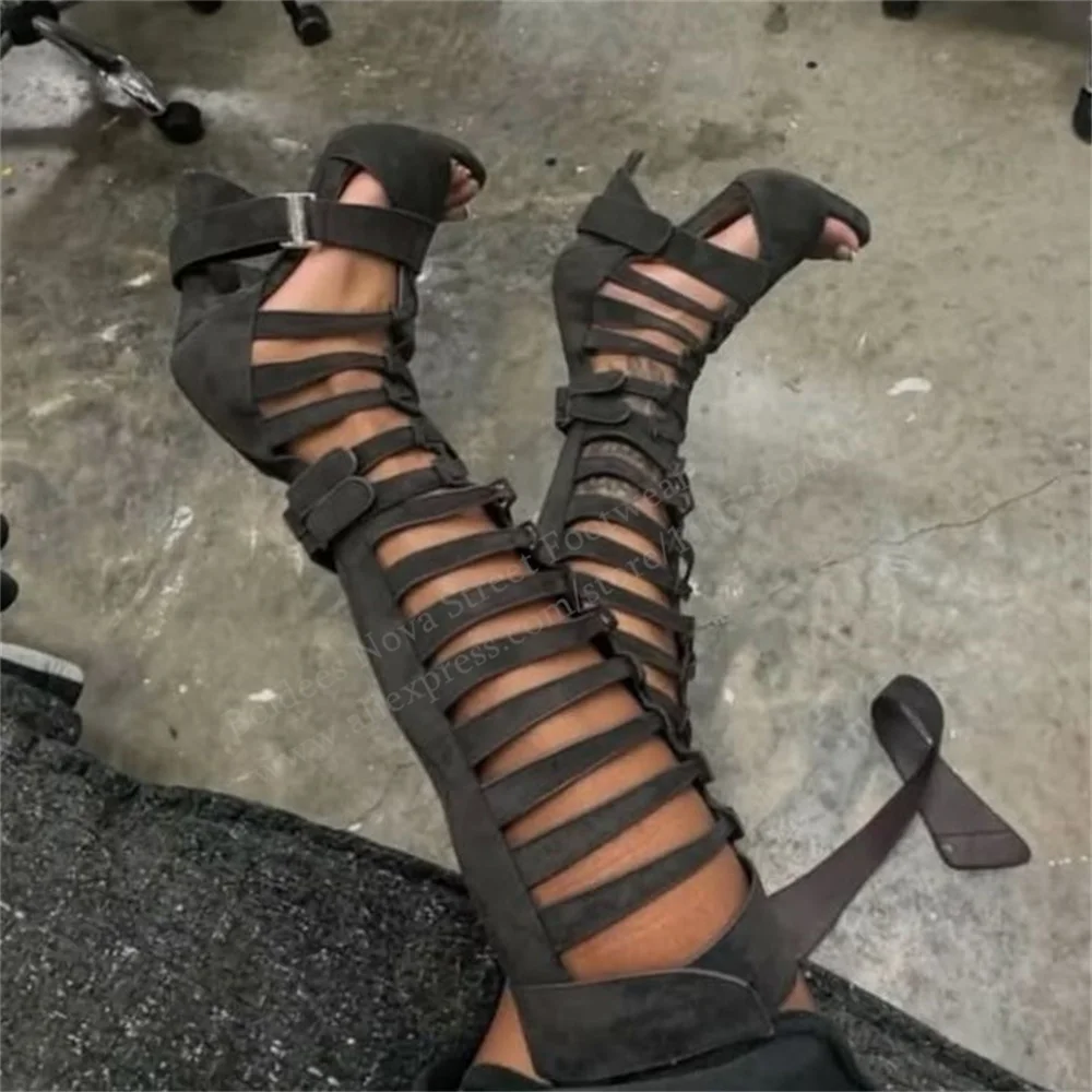 Gladiator Hollow Belt Buckle Knee High Boot 2026 Summer New Open Toe Stiletto Heel Solid Color Back Zipper Trendy Long Sandals view 2