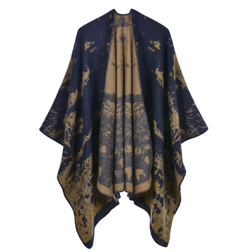 

Autumn Winter Knitted Shawl Women's Warm Printing Cloak Imitation Cashmere Poncho Lady Capes Navy Cloaks