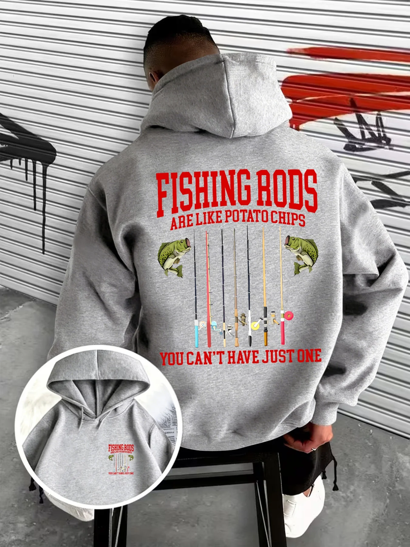 Humorvolles Zitat eines Fischers – Herren-Kapuzenpullover mit Aufdruck von Barschen und mehreren Angelruten, lässiger Outdoor-Streetwear-Hoodie – Detail 2