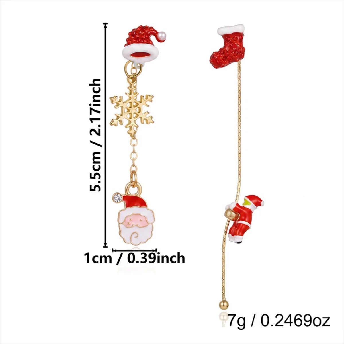 Weihnachts-Kletter-Set: Weihnachtsmann-Mütze, Handschuhe, Quasten-Ohrringe für Damen, asymmetrische Weihnachtsbaum- und Schneemann-Ohrringe, Schmuck. – Detail 8