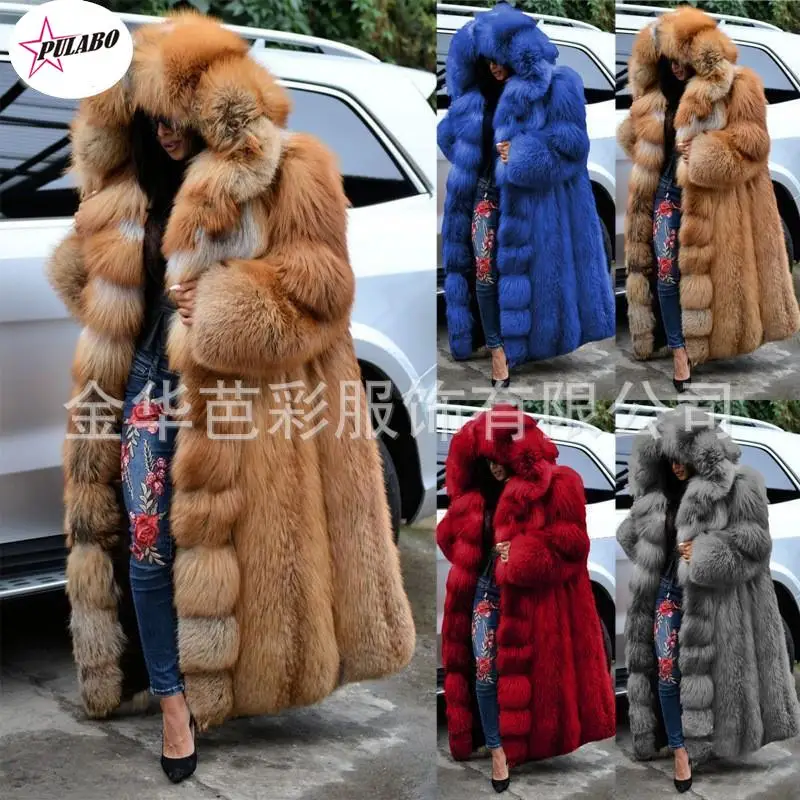 PULABO Faux Fur Coat Women Thicken Autumn Winter Warm Hooded Coat Super Long Coats Oversized Ladies Coats and Jackets 5XL