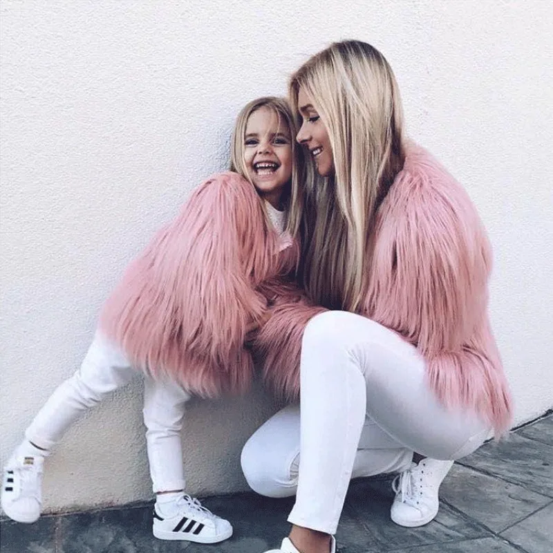 Parent-Child Mother Daughter Autumn Winter Kids Women Girls Faux Fur Warm Coat