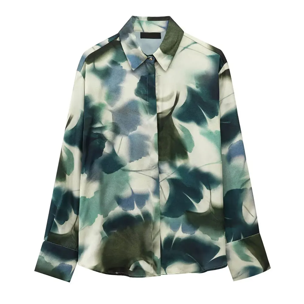 

Модная рубашка с длинными рукавами и принтом из шелкового атласа с лацканами в европейском и американском стиле, женская верхняя одежда