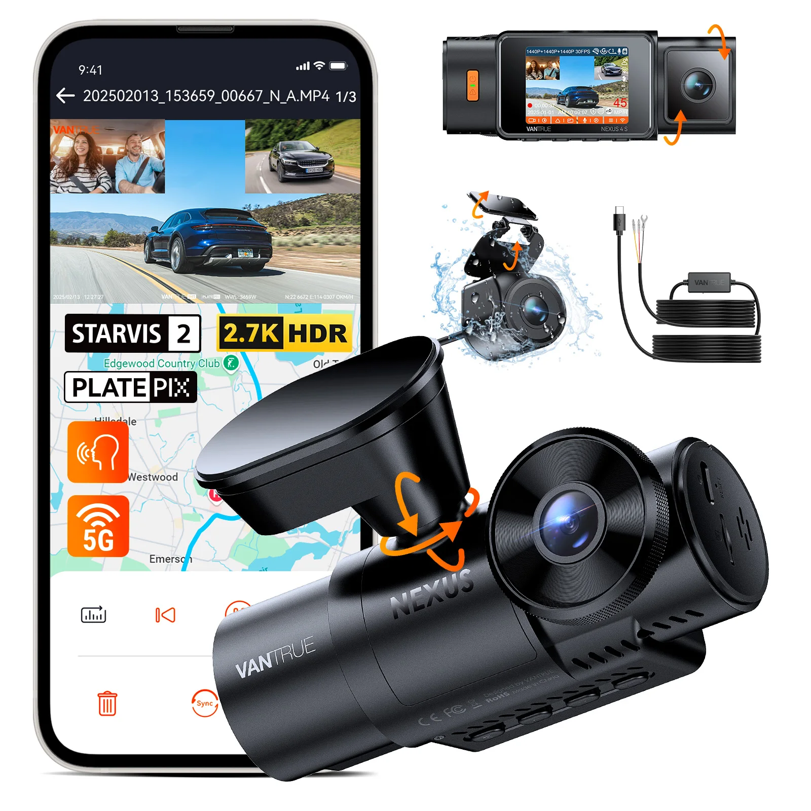 Vantrue N4S DashCam 3-kanaals WiFi STARVIS 2 2,7K + 1440P + 1440 Waterdichte achteruitrijcamera HDR IR Nachtzicht GPS 24 uur verpakkingsmodus