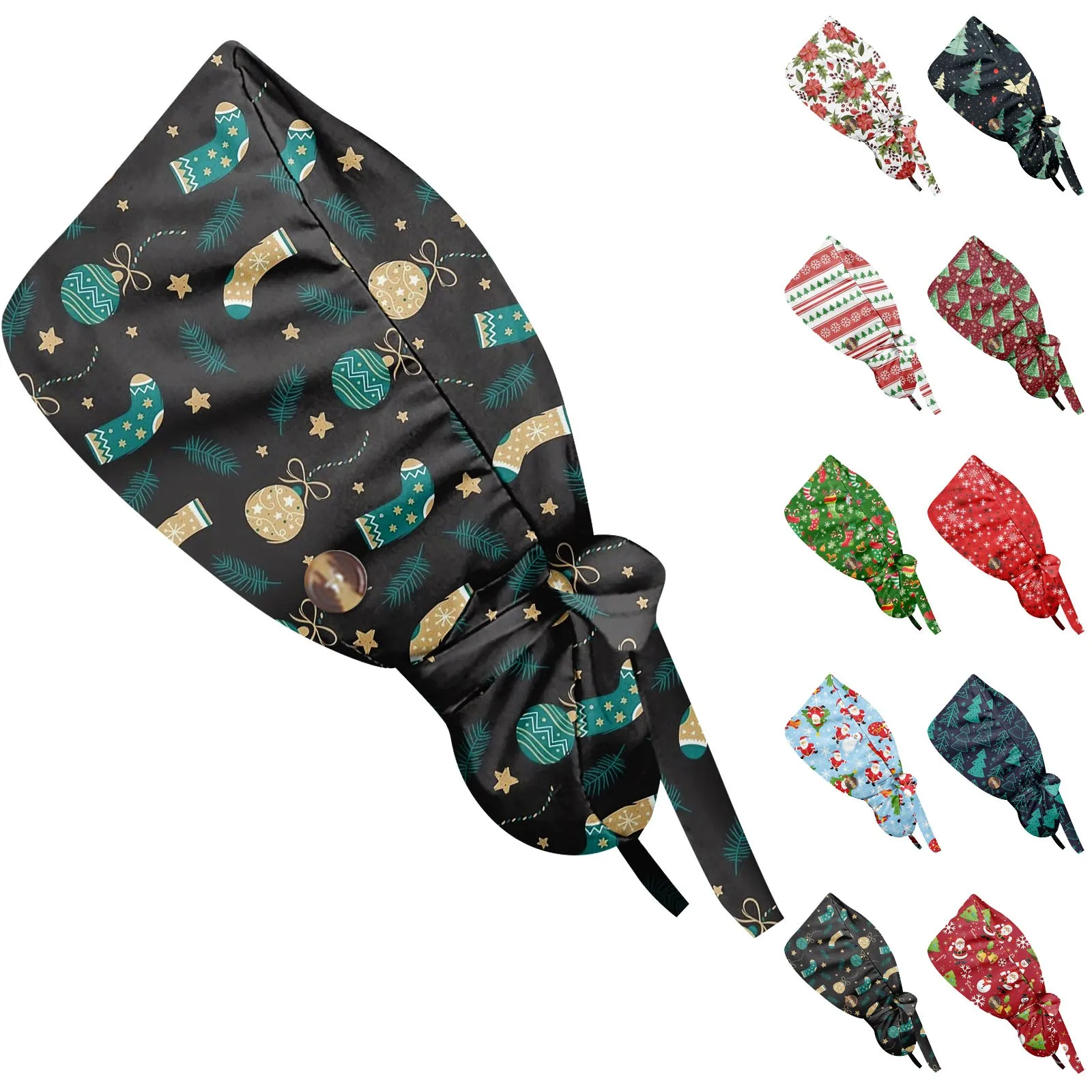 

Long Hair Work Hat Fashion Christmas Print Adjustable Work Cap Beauty Salon Nursing Cap Female Surgical Hat Scrub Caps Acces