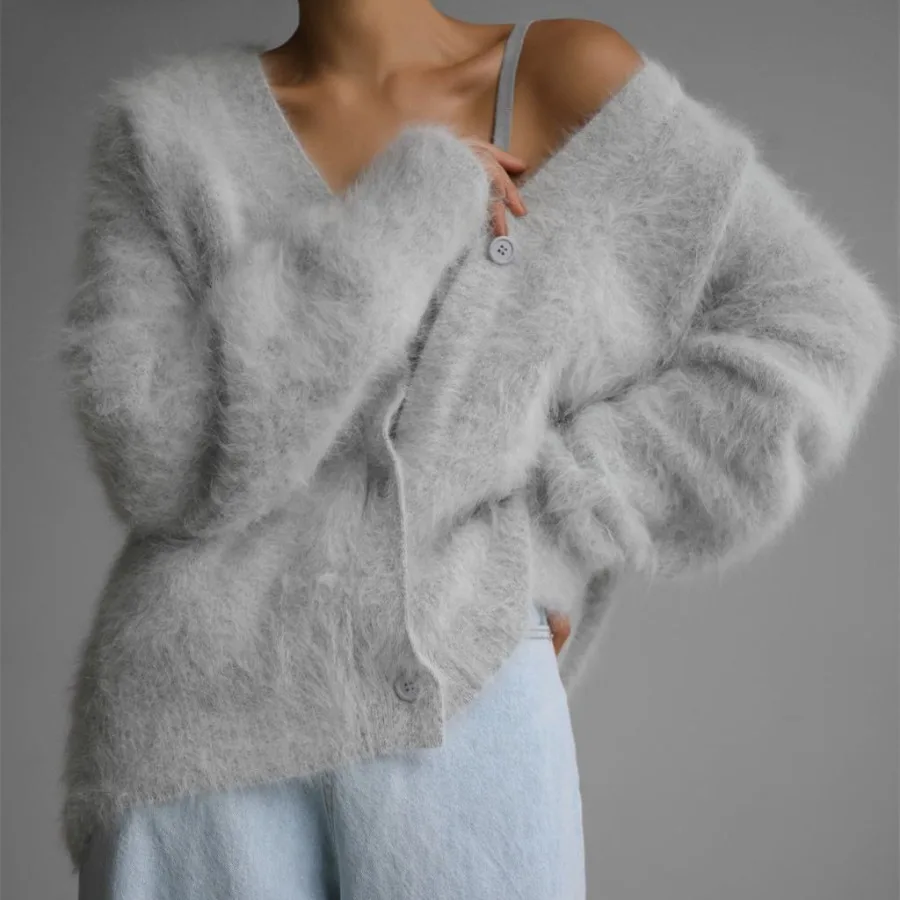 Fluffy Knitted Cardigan Long Sleeve Sweater Women Loose Coat Soft V-neck Jumper Single-breasted Jacket Casual Outerwear New