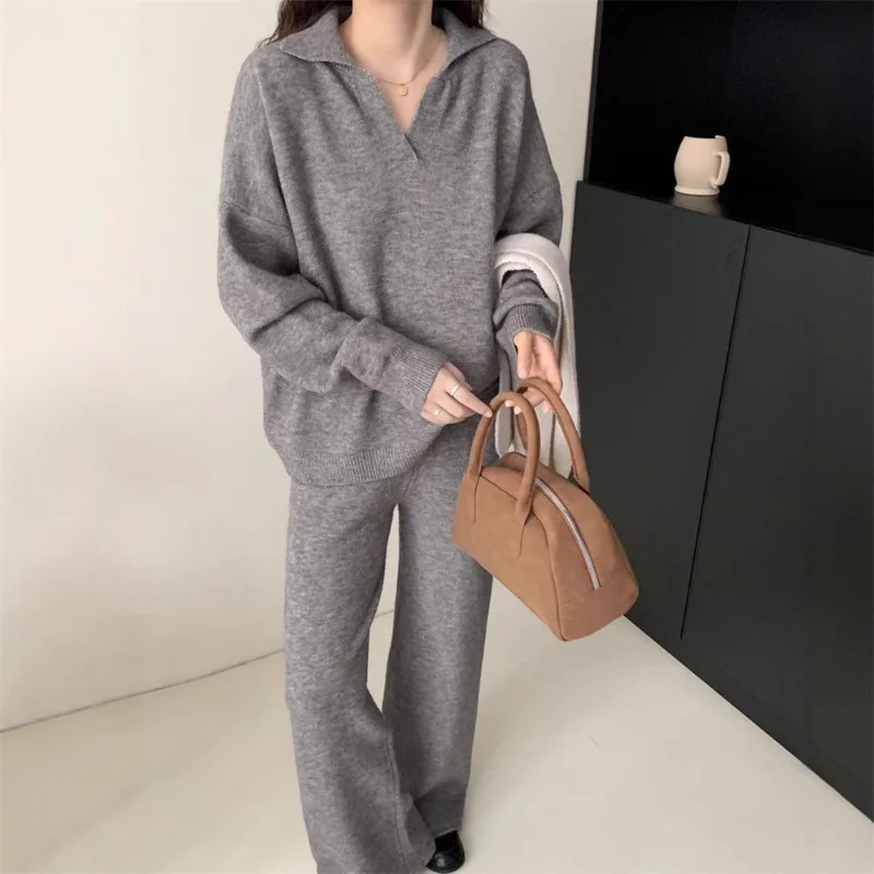 

Casual Loose Polo Neck Long Sleeve Solid Knitted Set Autumn/Winter Women's Sets New Wide Leg Pants 2-Piece Set Woman Clothing