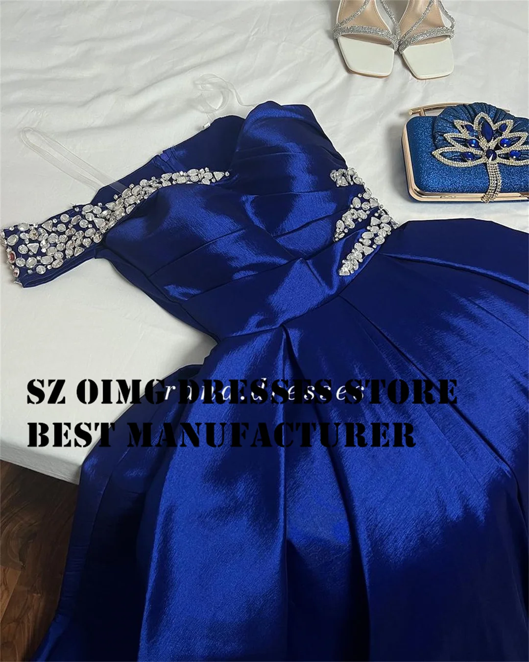 OIMG Elegant One-Shoulder Prom Dresses Sleeveless Blue Crystals Backless Satin A-Line Women  Gowns Formal Party Dress Customized