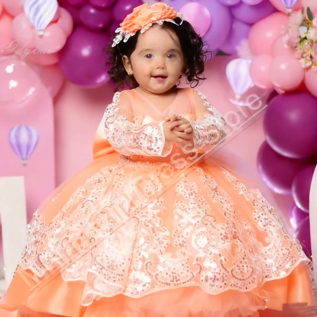 Adorable Flower Girl Dress with Sequin Floral Appliqués Long Sleeves with a Bow Suitable for Weddings Birthday Parties