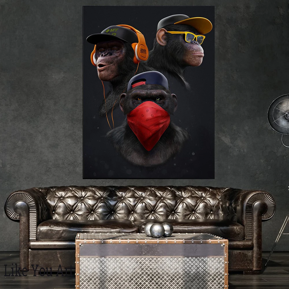 Abstract Graffiti Three Hip-Hop Masked Monkeys Series Art Canvas Oil Painting Animals Pop Poster Street Wall Pictures Home Decor