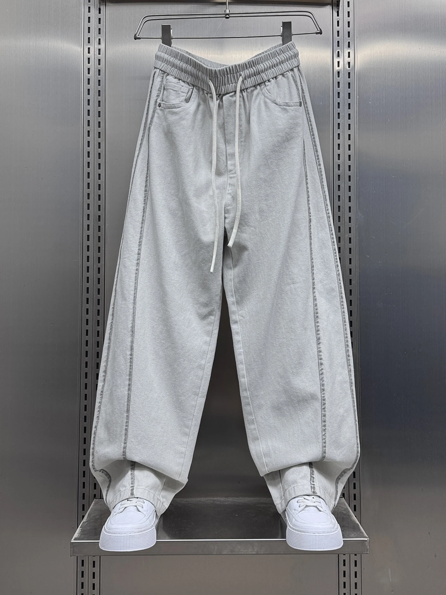 

Корейские повседневные брюки в полоску для мужчин, свободные модные брюки с широкими штанинами, осенняя новинка, прямые брюки для мужчин