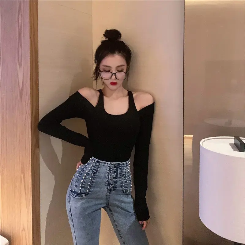 Early Autumn Fashionable Solid Color Shoulder Hanging Neck Long Sleeved T-Shirts Slimming And Slimming Sexy Base Shirts