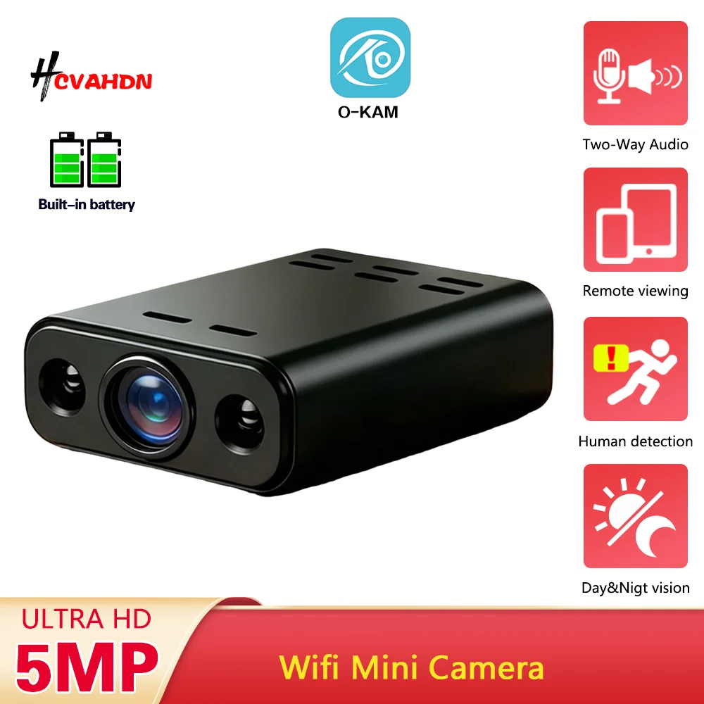Câmera Mini WIFI HD de 5MP com Bateria Embutida para Monitoramento Remoto IP com Tecnologia de Visão Noturna IR Portátil