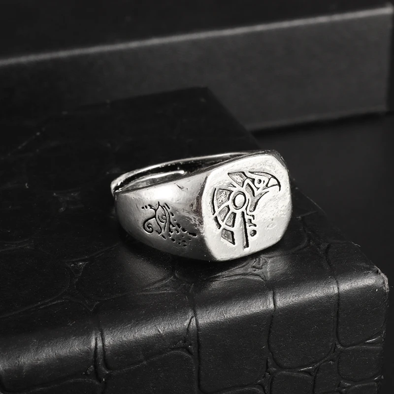 Vintage Mystical Ancient Egyptian Mythology Horus Anubis Signet Frosted Metal Open Ring for Men Classic Cool Rune Amulet Jewelry