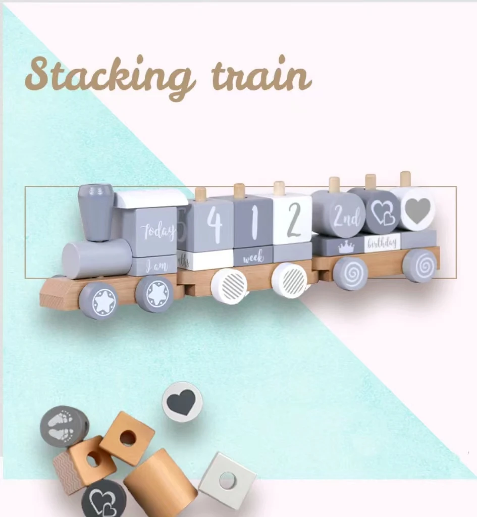 

TongYueFun Wooden Birthday Train Stackable Baby Educational Toys Nursery Decor Montessori Toys Newborn First Year Picture Props